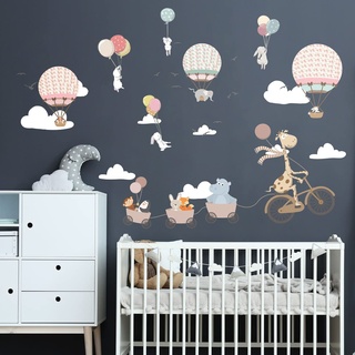 Wandtattoo Kinder - Dekoration Babyzimmer - Wandtattoo Kinderzimmer - Wandaufkleber Tiere und Heißluftballon in den Wolken - H90 x 60 cm