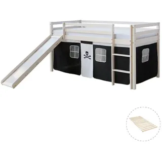Homestyle4u Hochbett mit Lattenrost 90 x 200 cm Kiefer massiv lackiert schwarz/weiß
