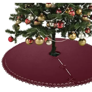 Wometo Weihnachtsbaumdecke Ø 120 cm in rot – Christbaumdecke/Baumunterlage mit Satinbändern & Knöpfen – Romantisches Landhaus-Muster, gestanzter Rand – Fleece, Oeko-TEX
