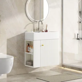 Badmöbel-Set für das Gäste-WC, 55 cm: Waschbecken mit hängendem Waschtischunterschrank in Weiß - Weiß