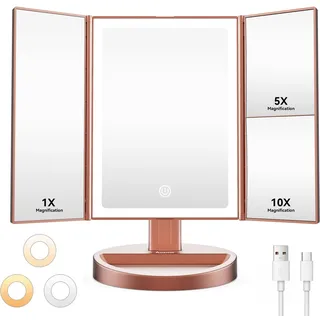 Auxmir Schminkspiegel mit Beleuchtung, 10X/5X/1X Kosmetikspiegel Vergrößerungsspiegel mit Licht & 3 Lichtfarben, Faltbar Spiegel mit Beleuchtung und Dimmbar LED Licht, USB Wiederaufladbar, Rosagold