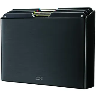 Joseph Joseph Folio Steel 4 Stück schneidebrett kunststoff Set, farbcodierte Anti-Rutsch-Bretter mit Aufbewahrungskoffer, Schwarz/Edelstahl