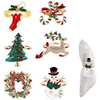 6st Weihnachtsserviettenringe, 4cm Durchmesser Weihnachten Serviettenringe Set Weihnachtsbaum Rentier Schneemann Christmas Napkin Rings für Weihnachtsfeiern Esstischdekoration