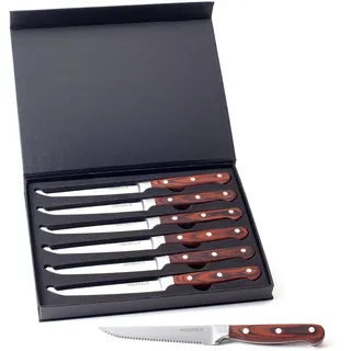 Hanseküche Steakmesser Set – 6x Hochwertige Steakmesser mit Holzgriff – Edles Besteck Set aus rostfreiem Spezialklingenstahl mit Wellenschliff und Geschenkbox (Braun)