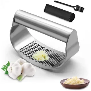 Knoblauchpresse Wippe Edelstahl Knoblauchwippe 3er Set Stainless Steel Garlic Press Rocker Mincer Crusher Kochgerät Knoblauchmühle Küchenhilfe mit Silikon Schäler einfache Handhabung und Reinigung