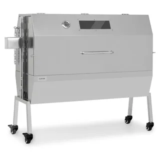 Klarstein 2-in-1 Rotisserie Grill mit Motor, Grill mit Drehspieß, Großer Spießgrill für Spanferkel, Grill mit Sichtfenster, Spieß Grill mit Edelstahl-Rost, Großer Holzkohlegrill mit Bodenrollen - Silber