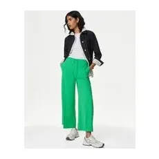 Womens M&S Collection Elasticated Waist Wide Leg Cropped Trousers - Medium Green, Medium Green - 6-REG