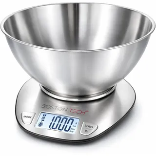 Boston Tech Digitale Küchenwaage mit Abnehmbarem Schüssel - Edelstahl, Hohe Präzision, Wasserdicht, 5kg Kapazität, LCD-Display, Tara-Funktion, Rezeptbuch Inklusive