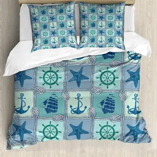 ABAKUHAUS Steuerrad Bettbezug Set, Aquatische Flickwerk Optik mit Seil Starfish Segeln Schiffs Anker und Rad Muster, 200 x 200 cm + 80 x 80 cm, Türkis Navy