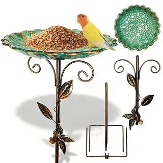 GOMETY Vogeltränke Stehend Garten Winterfest, Metall Vogelbad Frostsicher für Draußen, 2-in-1 Vogeltränke & Futterstation für Wildvögel, 77 cm Wassertränke für Vögel Draußen Grün