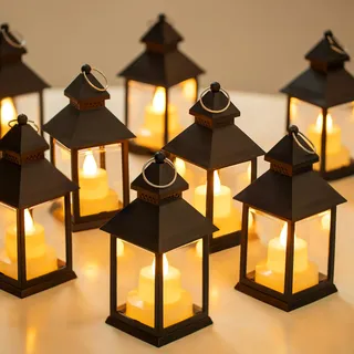 Romadedi Laterne Schwarz Tischdeko Outdoor - 10er Set Mini LED Laterne Metall zum Aufhängen für Halloween Hochzeit Tisch Ramadan Garten Weihnachten Balkon Innen Outdoor Draußen Party
