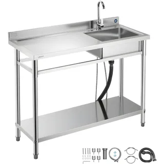 Vevor Spültisch Spülbecken Edelstahl (120 x 50 x 94 cm), Einzelbecken mit Wasserhahn & Ablage, Küchenspüle für Garage Restaurant Wäscherei, Waschtisch Außenspüle mit Arbeitsplatte (links)