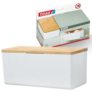 tesa Baboo Badorganizer M mit Bambus-Deckel, matt-weiß - Bad-Aufbewahrungsbox zur Wandmontage ohne Bohren, inkl Powerstrips Waterproof Strips XL - 242 mm x 110 mm x 102 mm