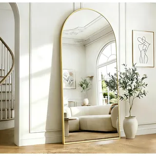 KOCUUY Bogen Standspiegel, 180 x 66 cm Großer Gewölbter Ganzkörperspiegel, Groß Wandspiegel mit Gold Aluminium Rahmen, Hängend, Stehend, Kippbar, für Wohnzimmer, Schlafzimmer und Flure