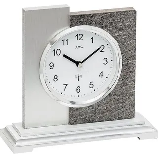 AMS 5150 Tischuhr Funk silbern modern in Naturstein-Optik mit Aluminium Auflage - Weiß
