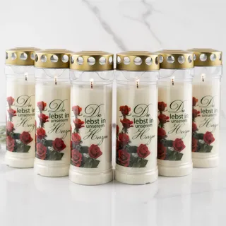 6er Set HOFER GRABKERZEN 7 Tage Brenndauer - Das Original [Rose] regenfest | Kerzen mit Deckel | Grablicht, Friedhofskerze mit Motiv | Kerzen für Grabdeko