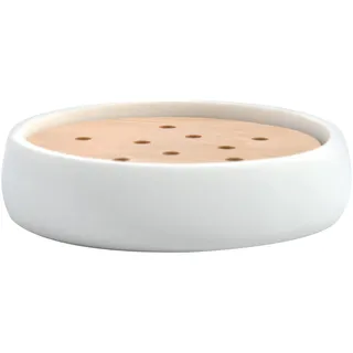 Spirella Seifenschale Sven Polyresin & Holz, Ø 11,6 cm, Weiß | Freistehend ohne Bohren, Ablauf hält die Seife trocken, matte Oberfläche, leicht zu reinigen, Serie Sven