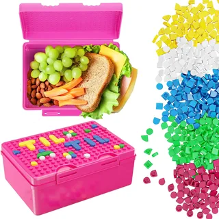 WESSPER Kinder Brotdose Lunchbox mit Bausteinen, Brotbox für Kinder, Personalisierte Brotdose Kindergarten, BPA Frei dekoriert Lunch-Box für Schule, Ausflüge Rosa Snackbox