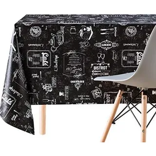 KP HOME Schwarz Tischdecke mit Weiß Kreidetafel Muster, Rechteckig 250x140cm, bis zu 8 Sitzplätze, Strapazierfähig, Abwischbar, Wasserdichtes Retro PVC Wachstuchtischdecke - Modern Café-Muster