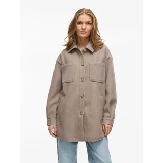 Hemdjacke VILA "VIKIMMI SHIRT L/S JACKET - NOOS", Damen, Gr. L, beige (fossil detail:melange), Web, Obermaterial: 100% Polyester, meliert, regular fit, Rundhals, Jacken Hemdjacke