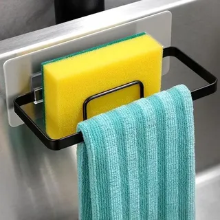 Zwei-in-eins-Küchenabfluss-Organizer, selbstklebend, Küchen-Spülbecken-Organizer, Spülbecken-Organizer für Schwamm, Borsten, Abflussstopper und Schwamm, Schwarz - Schwarz