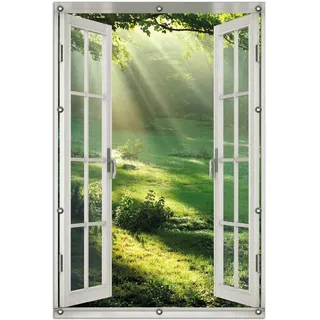 Wallario Outdoor-Poster für Garten oder Balkon 100 x 150 cm: Sonnenstrahlen im Wald - Schwarz