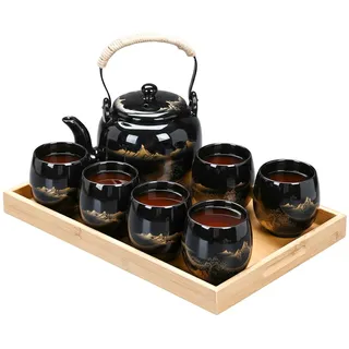 Polegas Japanisches Teeservice, 850ml Teekanne mit Teesieb und 6 170ml Tasse, Exquisites Chinesisches Teekannenset aus Porzellan, Japanische Teekanne Set für Teeliebhaber