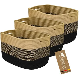 HMF Aufbewahrungskorb mit versteckten Griffen, 3er Set, Korb aus Baumwolle | 37,5 x 25 x 22,5 cm | Schwarz-Honig