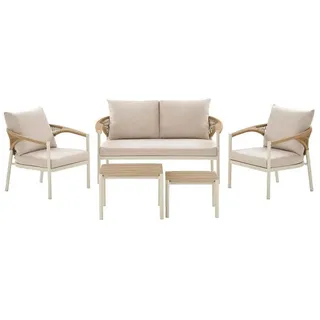 ebuy24 Lounge-Set, Bella, Tisch Natur, Stühle Sand, Metall / Polyester, 109 x 56 x 42 cm, 5-teilig , Naturfarben , Gartenmöbel, Gartengarnituren, Gartenmöbel-Sets
