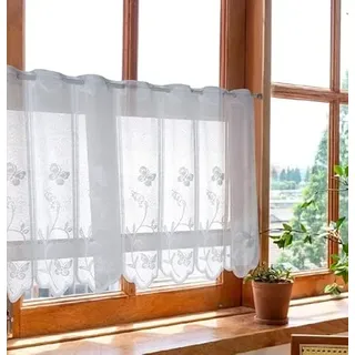 Devola Scheibengardinen transparent Jacquard gardine mit Blumen panneaux gardinen Landhaus bistrogardine weiß mit ösen Kurze küchengardinen mit gebogter Kante BxH 100x120cm 1 Stück
