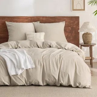BEDSURE Bettwäsche 200x220 Baumwolle 3teilig - Sommer Bettwäsche-Sets Beige Bettbezug mit 2 Kissenbezüge 80x80 cm, Ähnliche Textur wie Washed Leinen, Oeko-TEX Bedding Set mit Reißverschluss
