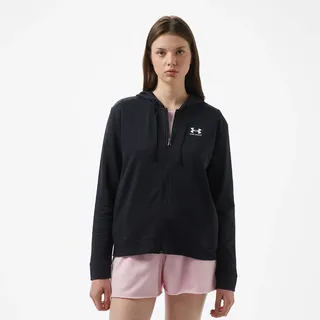 Under Armour Damen Rival Terry Full Zip, leichte Kapuzenjacke, wärmender, schweißableitender Kapuzenpullover mit durchgehendem Reißverschluss,Black / / White,SM