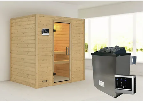 Bild von KARIBU Sauna Sonja inkl. 9 kW Saunaofen mit externer Steuerung, für 3 Personen - beige