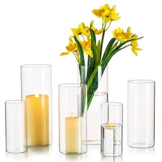 Hewory Vasen Set Glasvase Zylinder: 6er Glasvasen für Tischdeko Hochzeit, Groß Vase Glas Kerzengläser Windlicht Glas, Kerzenhalter Zylindervasen Set für Wohnzimmer Deko Hochzeitsdeko, 10/15/20cm