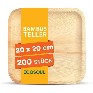 ECO SOUL Bambus teller 8"(20 cm) Papteller Einwegteller(200 Stück) | 100% natürliches Bambus, Extra stabil für heiße & kalte Speisen, Fett & schnittfest, Kompostierbare Alternative zu Plast