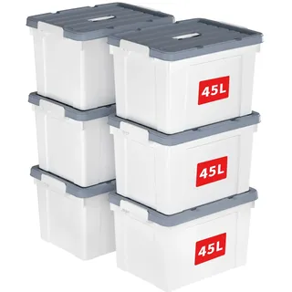 Cetomo 45L * 6 Kunststoff-Aufbewahrungsbox Box mit haltbarem Deckel und Sicherheitsverschluss stapelbar und verschachtelt 6-Packs weiß