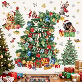 wondever Wandtattoo Weihnachtsbaum Große Wandaufkleber Kiefer Baum Hund Katzen Weihnachten Fenster Wandsticker Wanddeko für Weihnachten Party Fenster Weihnachtsdeko