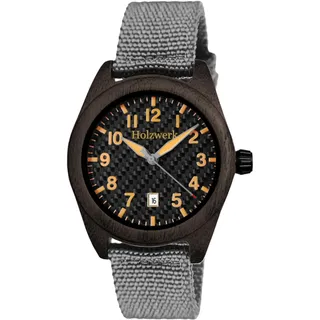 Handgefertigte Holzwerk Designer Damen Herren Uhr Öko Natur Holz Uhr Armband Analog Klassisch Quarz in Grau Schwarz Braun Orange Datum mit Textil Nylon Armband