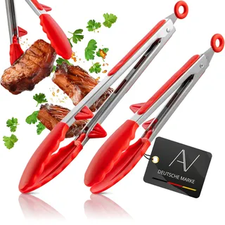 AVANA Küchenzange Edelstahl Kochzange mit integriertem Standfuß Silikon Grillzange Hitzebeständig Zange Mehrzweckzange - 2er Set Rot