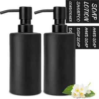 Unyqoos® Seifenspender mattschwarz 2er-Set, Glas 350 ml, glatte Edelstahlpumpe (304), stilvoller Vintage-Look, wiederverwendbar, inkl. Etiketten für Küche & Bad - Schwarz