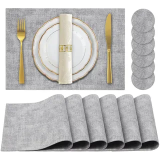 JUCCWARM Tischsets aus Kunstleder, hitzebeständig, für Esstisch, leicht zu reinigen, rutschfeste Platzsets, wasserdicht, schmutzabweisend, abwischbar, waschbar, PU-Tischsets, Hellgrau, 6 Stück