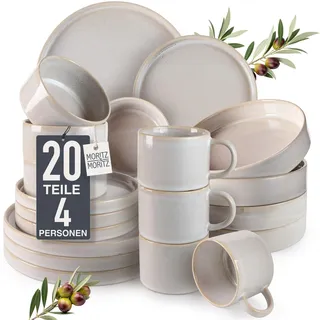 Moritz & Moritz Steingut Geschirrset 4 Personen Beige - Teller Set aus Steingut 20-teilig - Geschirr Set aus je 4 Dinnerteller, Dessertteller, Suppenteller, Schüsseln und Tassen - Serie Castello