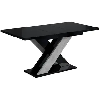 Altdecor Esstisch ausziehbar 120 -160x90x75 cm - Hochglanz Schwarz/Betonoptik - Aox , Schwarz Hochglanz , Holzwerkstoff , Rechteckig,Rechteckig , Bodenplatte , 90x75x120 cm , Esszimmer, Esstische