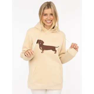 Hoodie ZWILLINGSHERZ "Dackel", Damen, Gr. L/XL, beige, Sweatware, Obermaterial: 50% Baumwolle, 50% Polyester, unifarben, comfort fit hüftbedeckend, ohne Ausschnitt, angesetztes Bündchen, Sweatshirts Hoodie, Stickerei vorne, weiche Fleece Innenseite, bedruckte Kordel