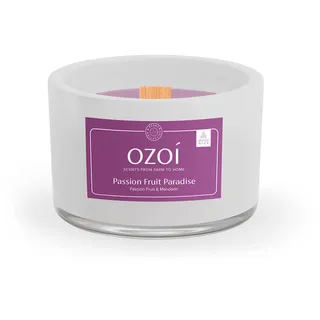 OZOI Passion Fruit Paradise 100% vegane Duftkerze (Holzdocht) mit Duft nach Passionsfrucht und Mandarine, Brenndauer bis zu 30 Std, 180g Wachs