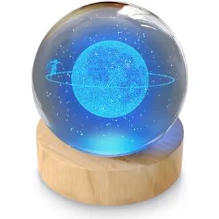 MyBeo LED Dekolicht 3D Glaskugel, Leuchtende Kristallkugel mit Gravur, Nachtlicht Skulptur Farbwechsel, RGB LED, K9 Kristall, 6 cm , Holzsockel, Erde - Transparent, Hellbraun