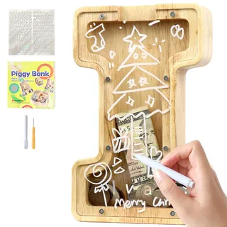 Lakpopya Spardose für Kinder Jungen Mädchen Sparschwein Kinder Spardose Personalisiert Durchsichtig Spardose Buchstabe Holz A-Z mit Zielbereich & Aufkleber & Marker, Taufe Geschenk Dekoration (I)