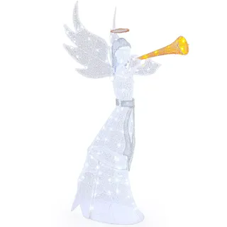 FANTASK 156cm großer Weihnachtsengel, Weihnachtsengel beleuchtet mit 100 LED-Lichtern, Elegante geflügelte Weihnachtsfigur mit Trompete für außen und innen