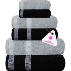 Casa Copenhagen Solitaire Mix 6-teiliges Handtuchset – Grau Violett + Schwarz, 600 g/m2, 2 Badetücher, 2 Handtücher, 2 Waschlappen aus weicher ägyptischer Baumwolle für Badezimmer, Küche und Dusche