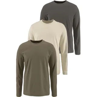 Langarmshirt MAN'S WORLD "neue Farbe ", Herren, Gr. 60/62 (XXL), grün (olivgrün,beige,khaki), Single Jersey, Obermaterial: 100% Baumwolle, unifarben, Basic, regular fit, Rundhals, normaler Saum, Shirts Langarmshirt, Langarm, unifarben, aus Baumwolle, im 3er-Pack, Topseller